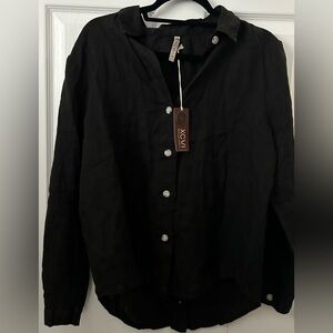 NWT XCVI Long-Sleeve Button Linen Blouse- Dark Grey/Black Size Medium